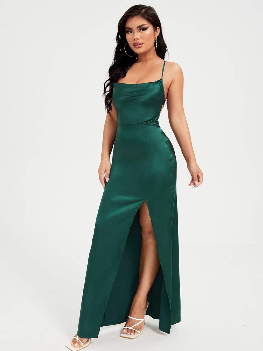 SXY Prom Dress;Split Thigh Lace Up Backless Satin Cami Dress