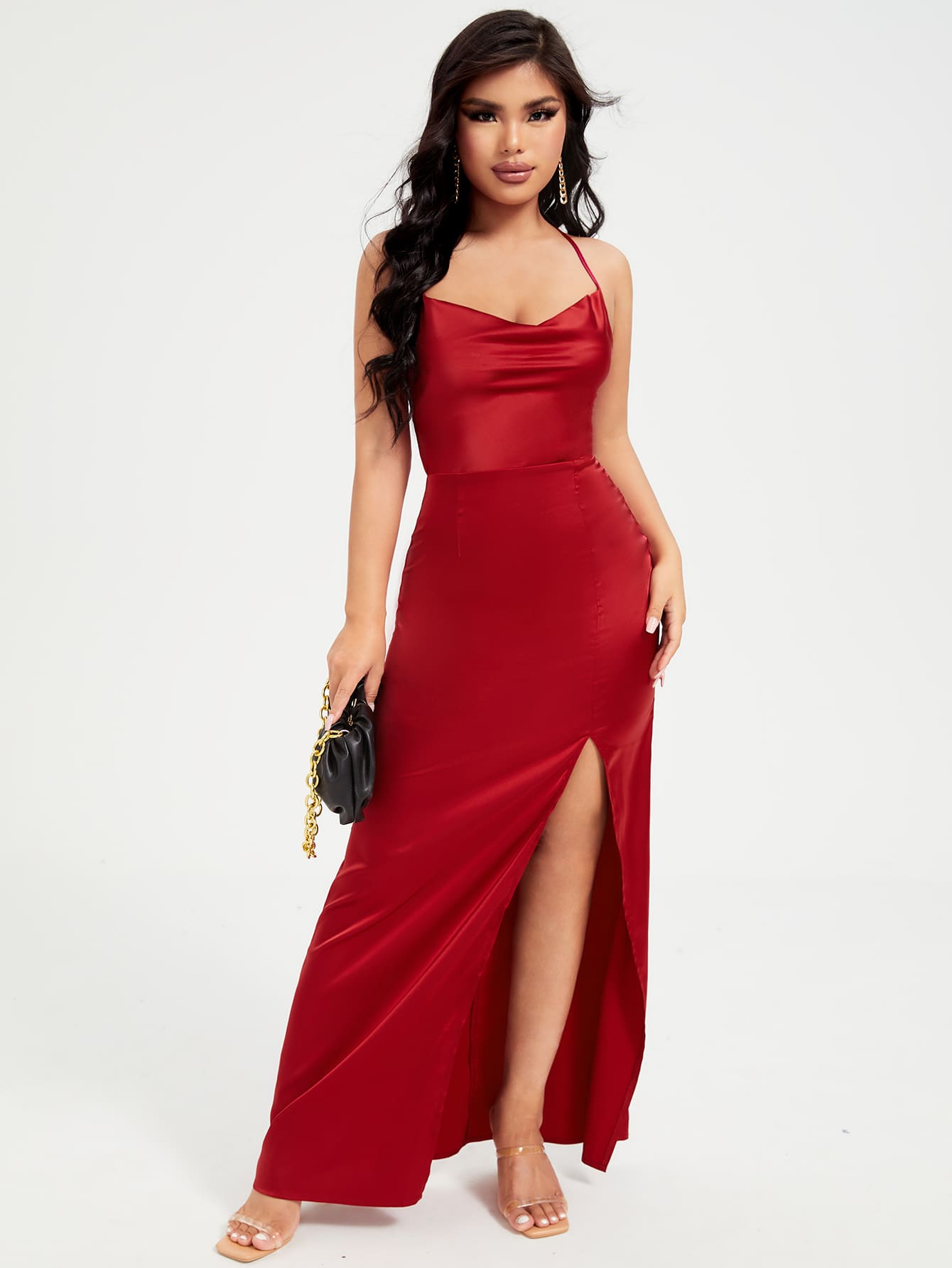 SXY Prom Dress;Split Thigh Lace Up Backless Satin Cami Dress