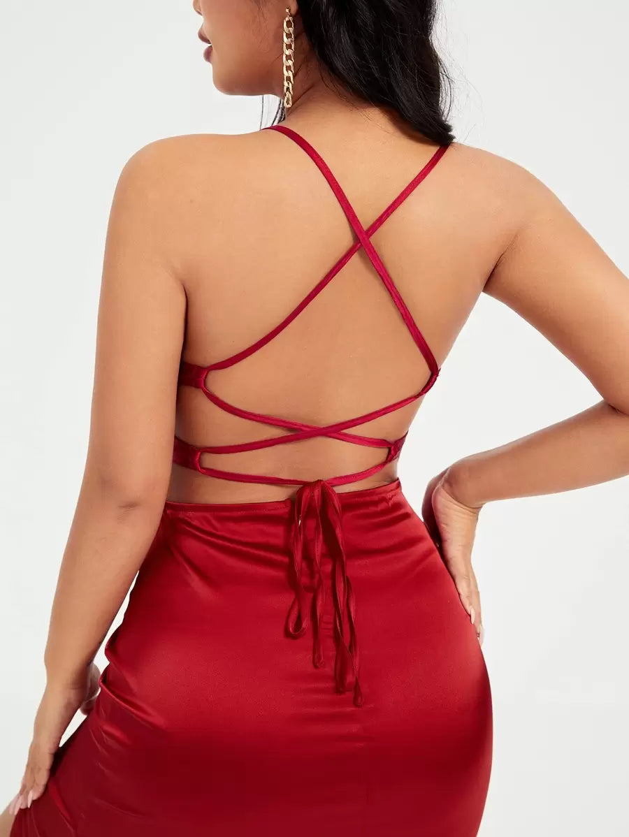 SXY Prom Dress;Split Thigh Lace Up Backless Satin Cami Dress