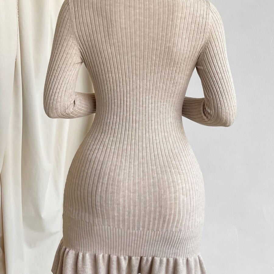 Privé Ruffle Hem Bodycon Sweater Dress, Fall And Winter, Elegant, Longsleeve, Crewneckl
