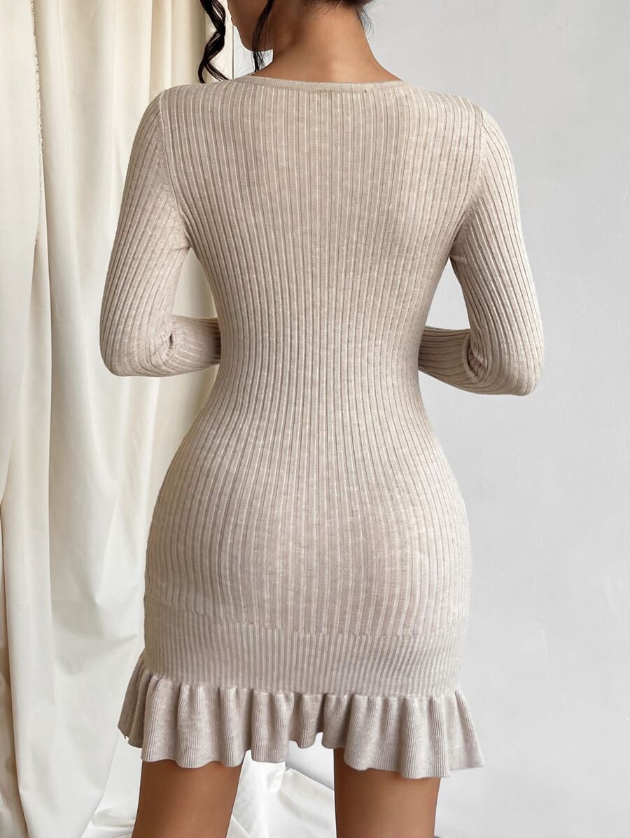 Privé Ruffle Hem Bodycon Sweater Dress, Fall And Winter, Elegant, Longsleeve, Crewneckl