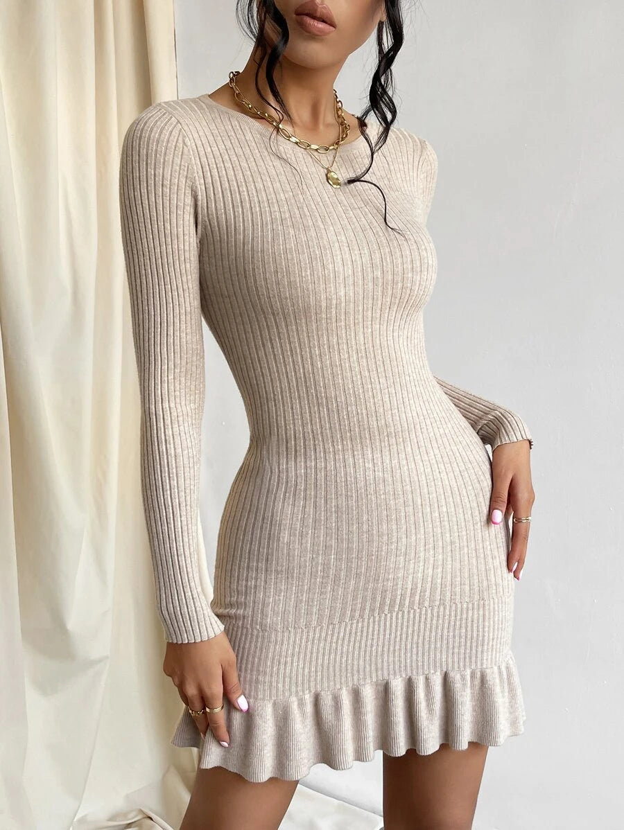 Privé Ruffle Hem Bodycon Sweater Dress, Fall And Winter, Elegant, Longsleeve, Crewneckl