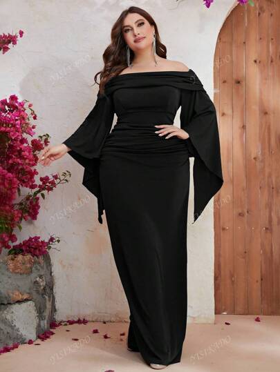 YISIKADO Plus Off Shoulder Ruched Split Sleeve Dress Black Elegant Long Sleeve Formal Evening Prom Wedding Guest Gown, For Graduation, Dinner Party Dress
