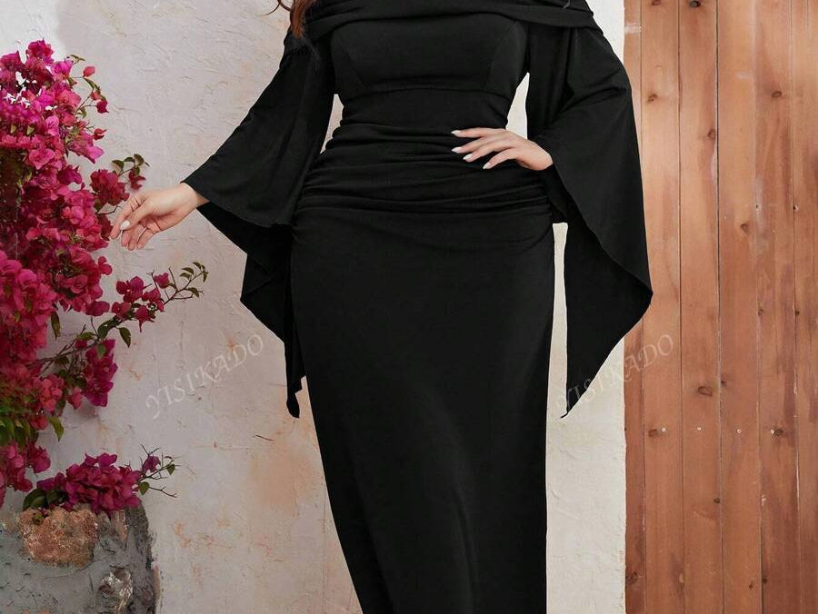 YISIKADO Plus Off Shoulder Ruched Split Sleeve Dress Black Elegant Long Sleeve Formal Evening Prom Wedding Guest Gown, For Graduation, Dinner Party Dress