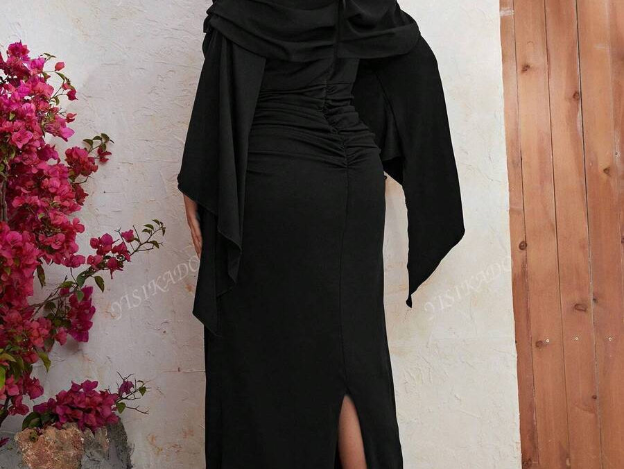 YISIKADO Plus Off Shoulder Ruched Split Sleeve Dress Black Elegant Long Sleeve Formal Evening Prom Wedding Guest Gown, For Graduation, Dinner Party Dress