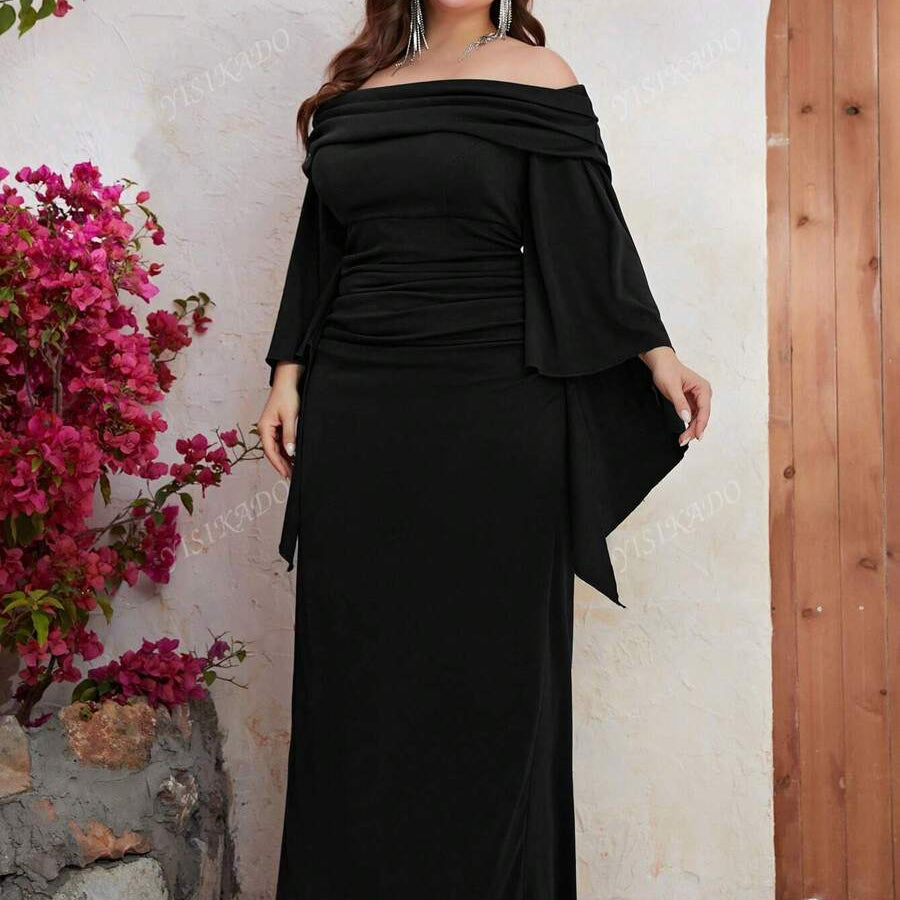 YISIKADO Plus Off Shoulder Ruched Split Sleeve Dress Black Elegant Long Sleeve Formal Evening Prom Wedding Guest Gown, For Graduation, Dinner Party Dress