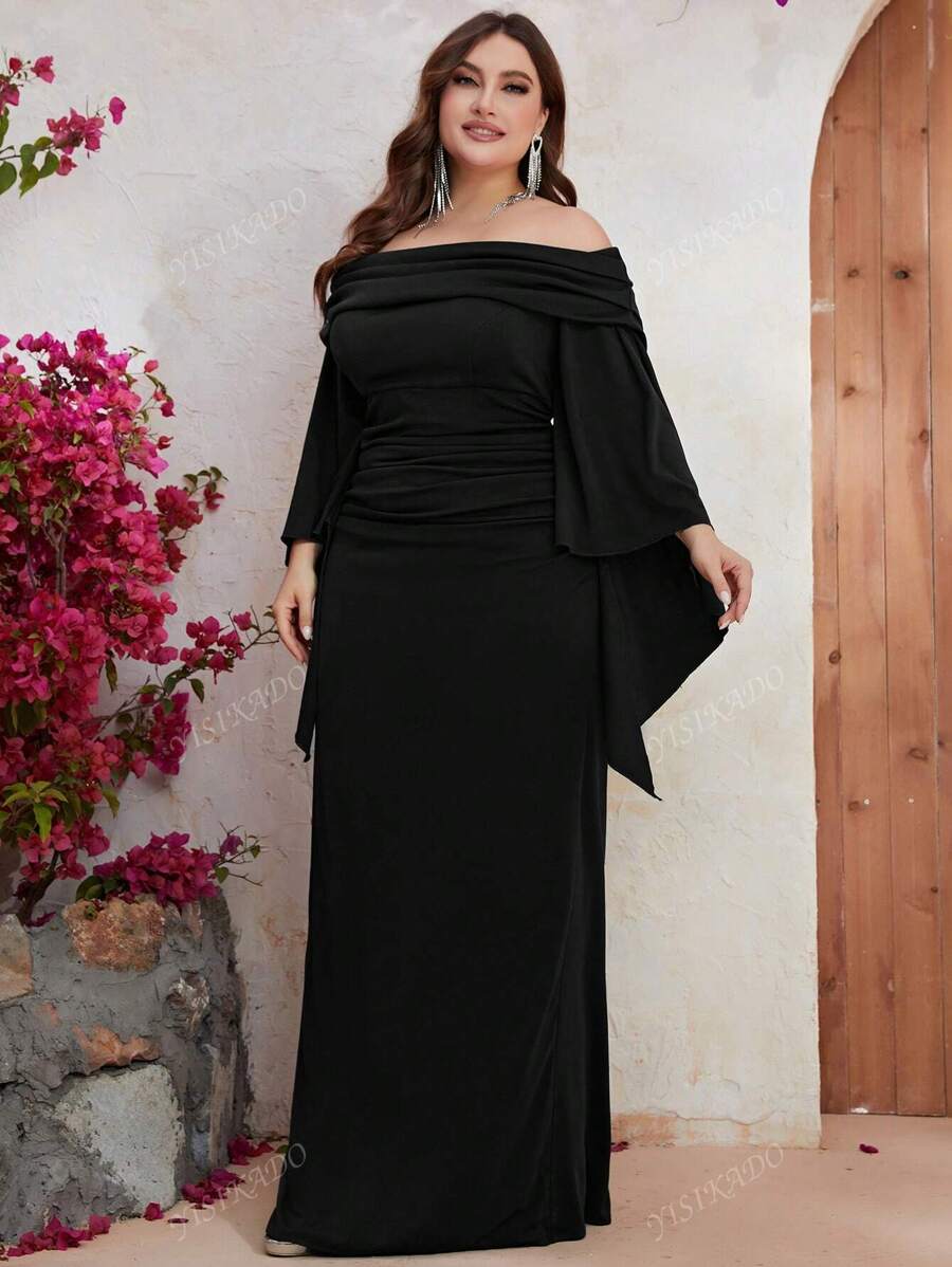 YISIKADO Plus Off Shoulder Ruched Split Sleeve Dress Black Elegant Long Sleeve Formal Evening Prom Wedding Guest Gown, For Graduation, Dinner Party Dress