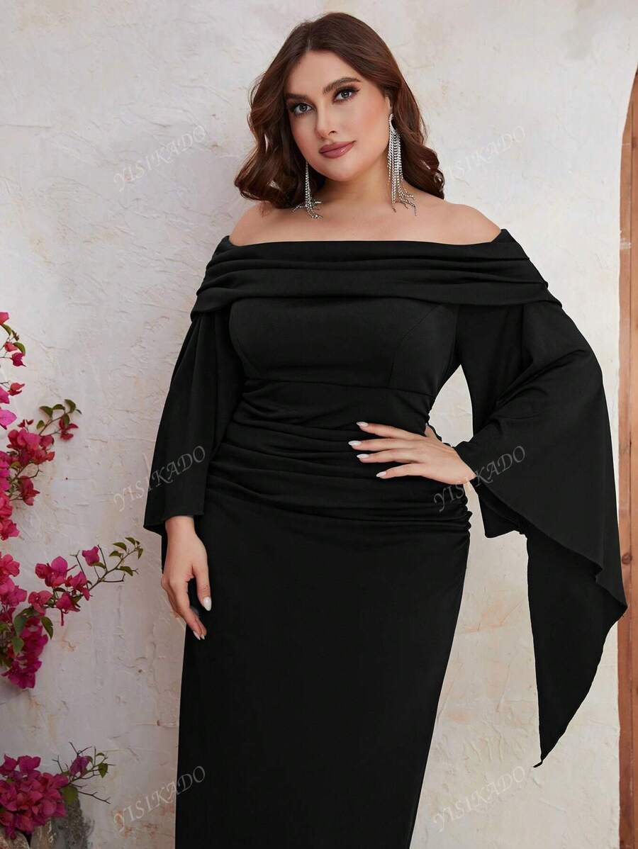 YISIKADO Plus Off Shoulder Ruched Split Sleeve Dress Black Elegant Long Sleeve Formal Evening Prom Wedding Guest Gown, For Graduation, Dinner Party Dress