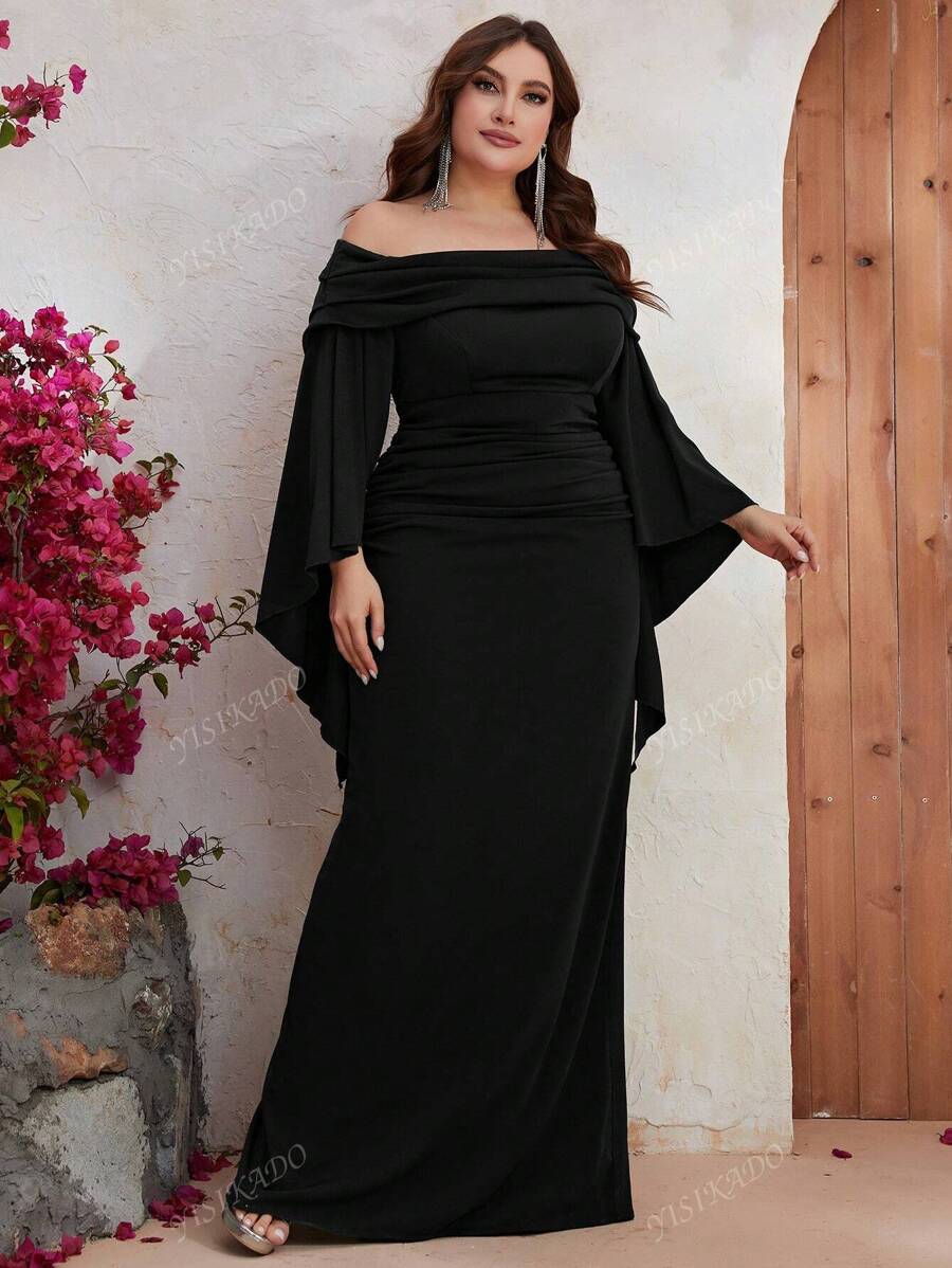 YISIKADO Plus Off Shoulder Ruched Split Sleeve Dress Black Elegant Long Sleeve Formal Evening Prom Wedding Guest Gown, For Graduation, Dinner Party Dress