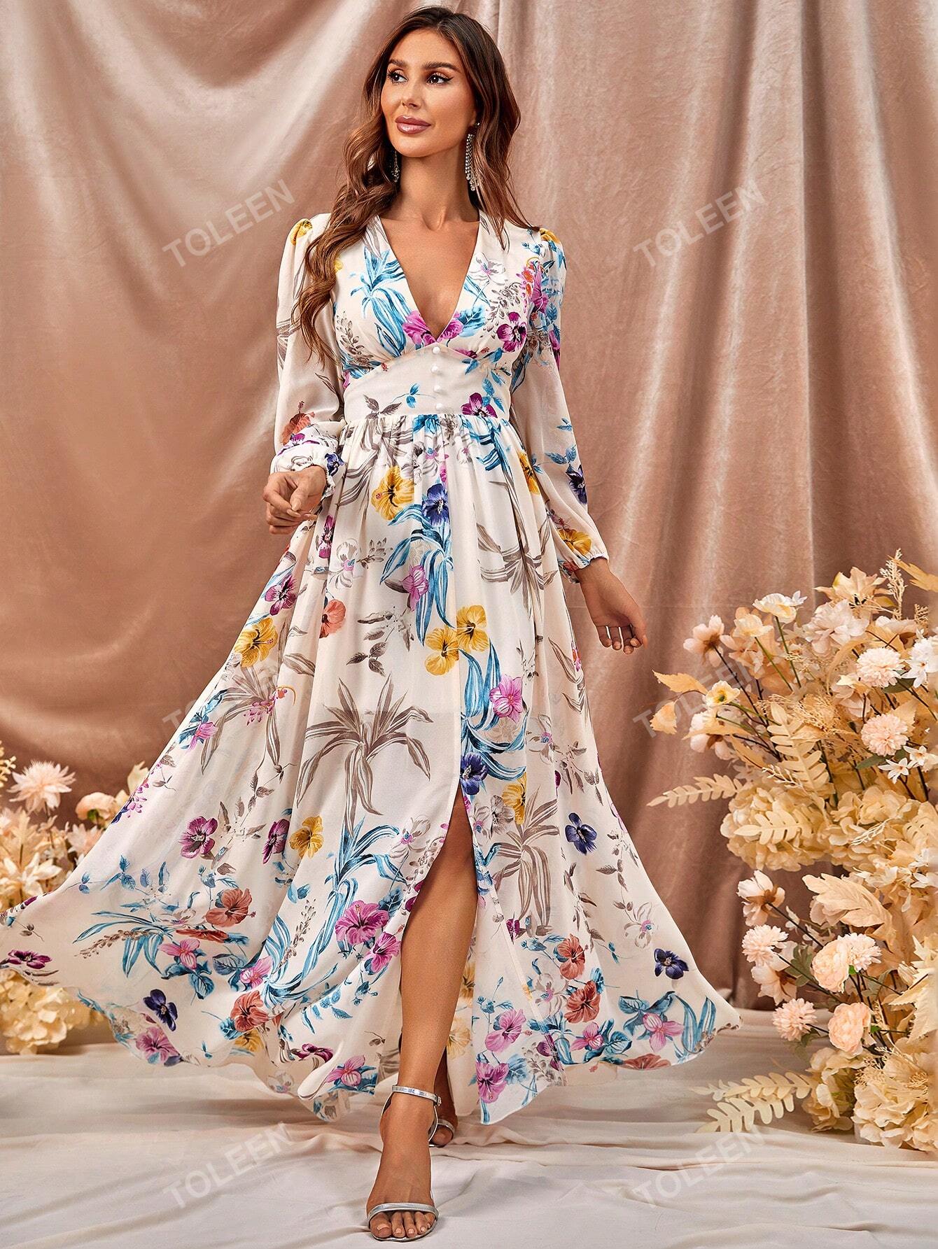 Floral Print Plunging Neck Split Thigh Dress