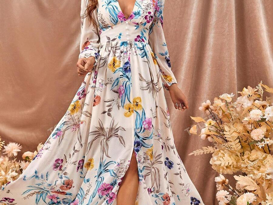 Floral Print Plunging Neck Split Thigh Dress