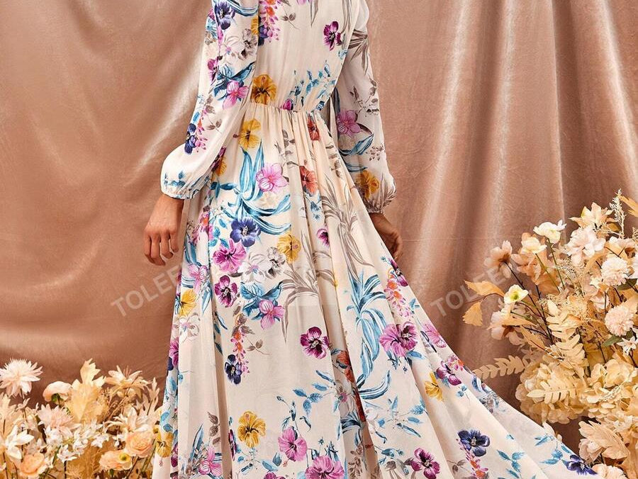 Floral Print Plunging Neck Split Thigh Dress