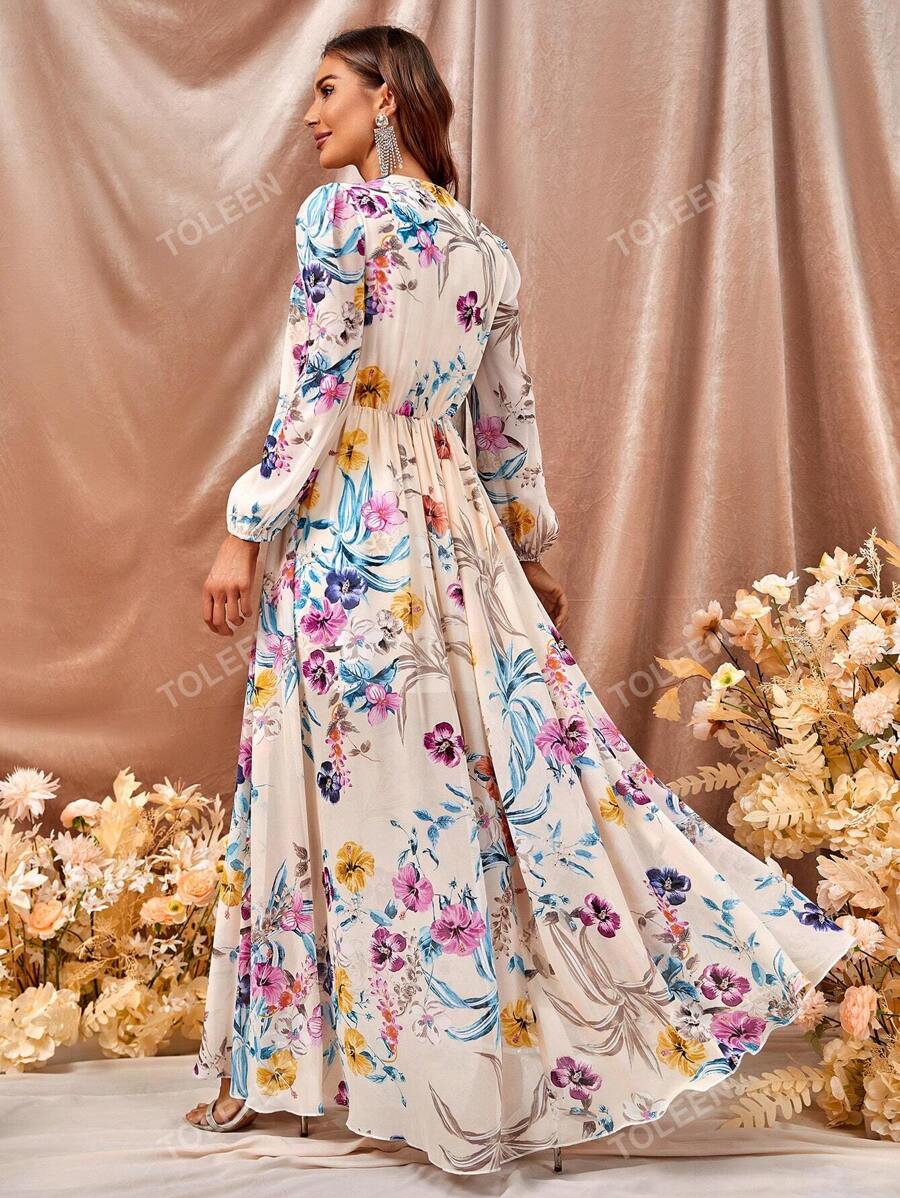 Floral Print Plunging Neck Split Thigh Dress