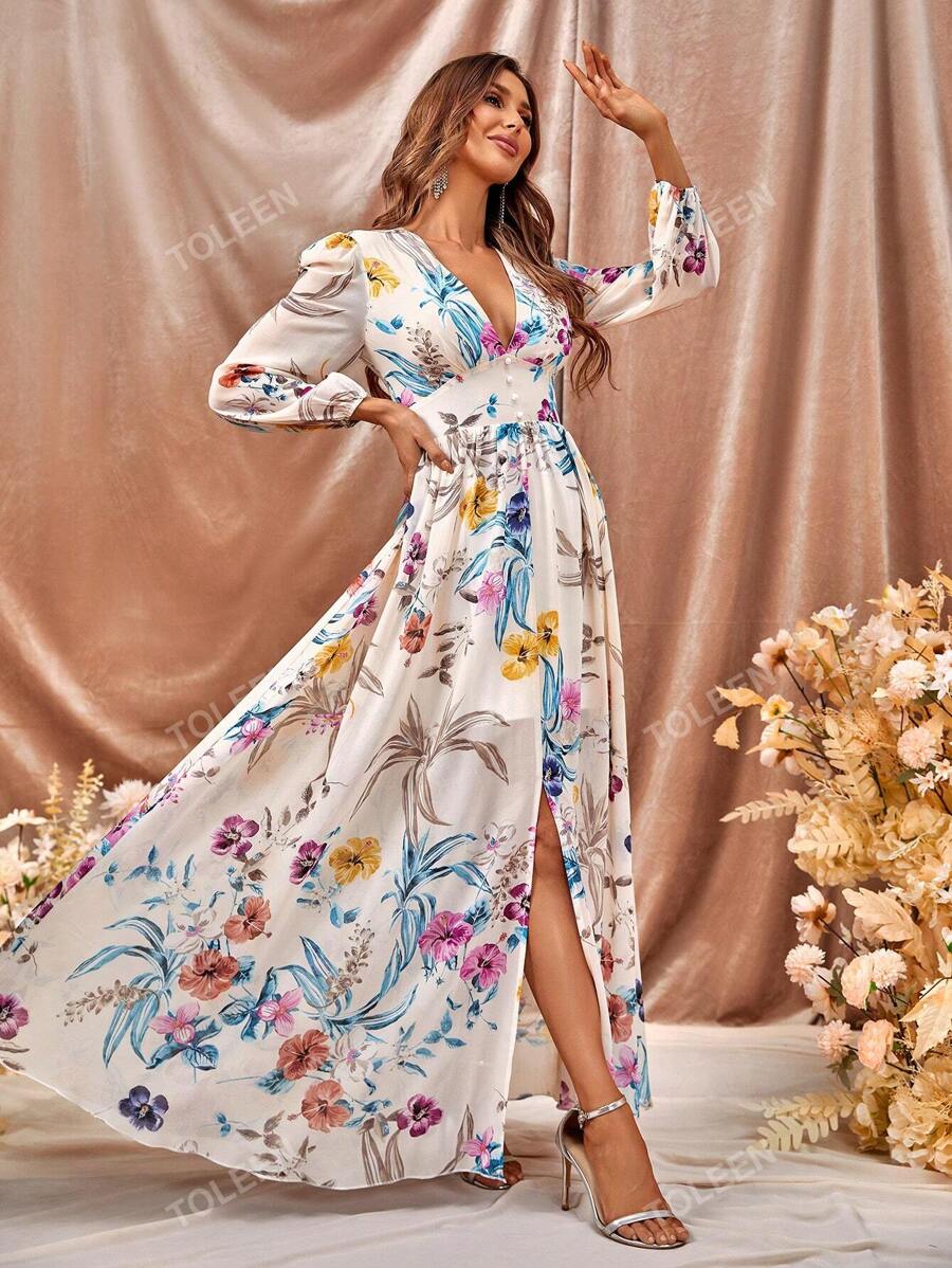 Floral Print Plunging Neck Split Thigh Dress