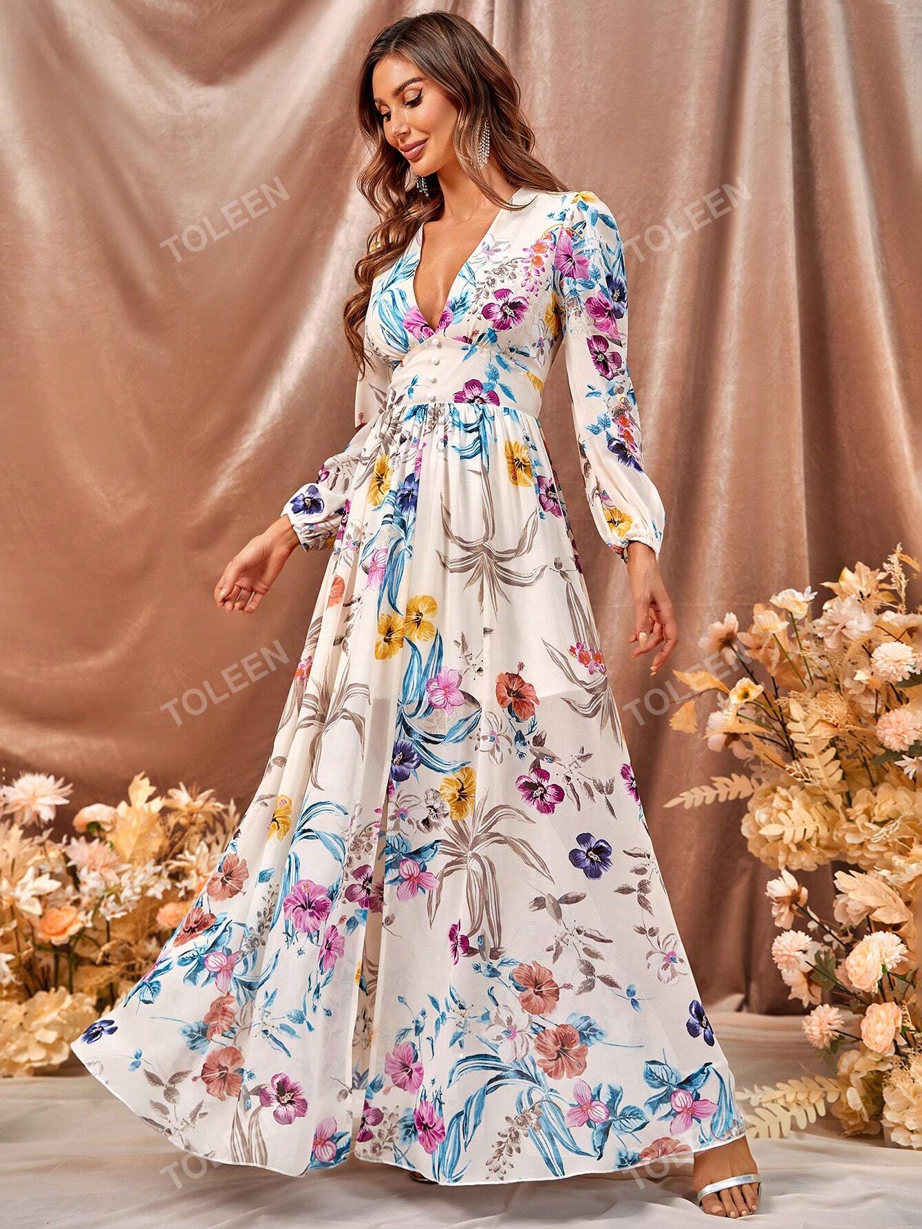 Floral Print Plunging Neck Split Thigh Dress