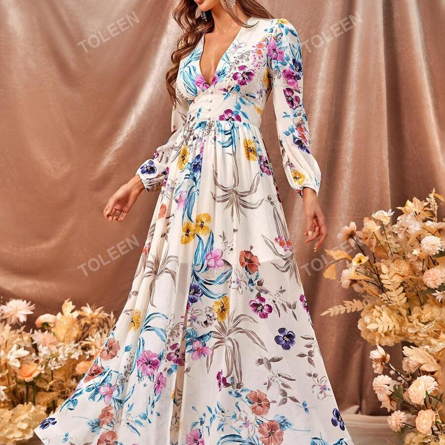 Floral Print Plunging Neck Split Thigh Dress