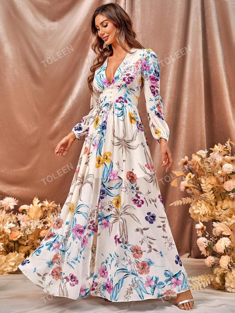 Floral Print Plunging Neck Split Thigh Dress