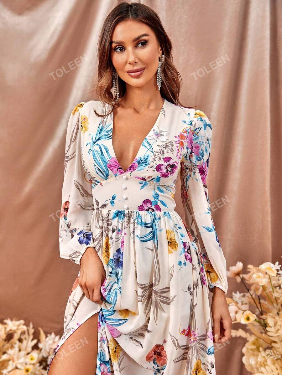 Floral Print Plunging Neck Split Thigh Dress