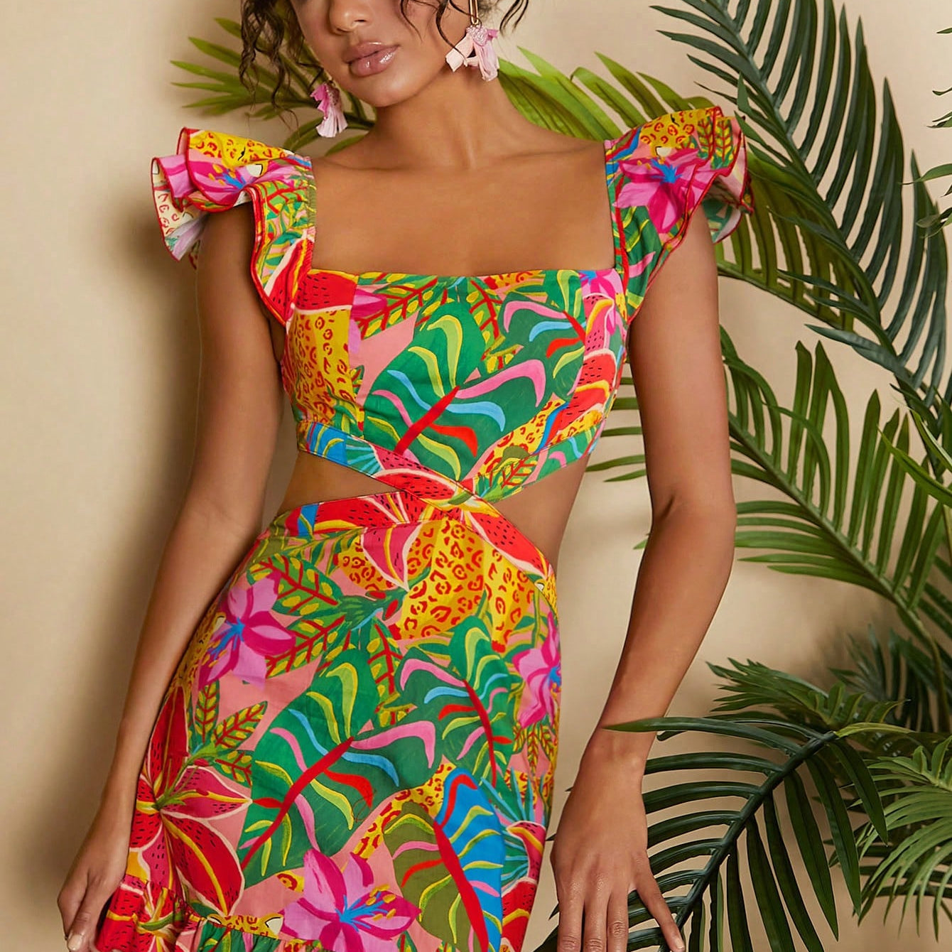 Travachic Estampa Tropical Cintura Cut Out Bainha Com Babado Vestido