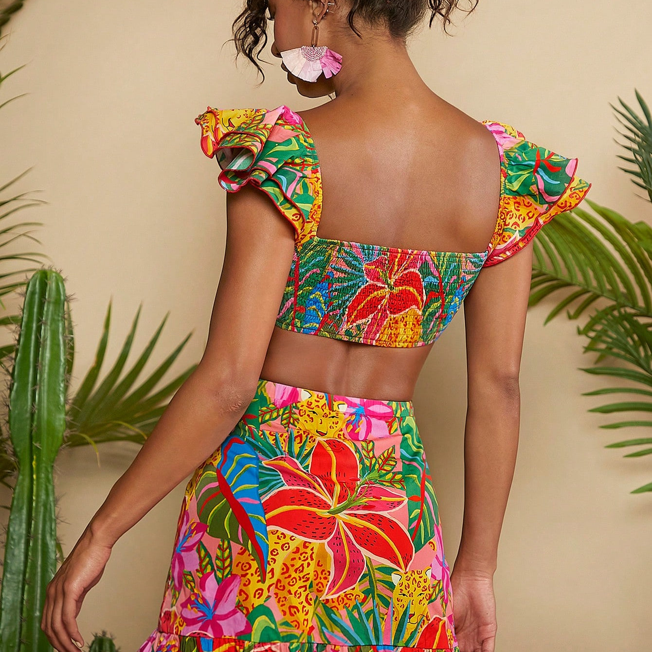 Travachic Estampa Tropical Cintura Cut Out Bainha Com Babado Vestido