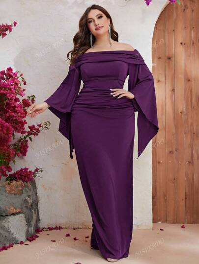 YISIKADO Plus Off Shoulder Ruched Split Sleeve Dress Black Elegant Long Sleeve Formal Evening Prom Wedding Guest Gown, For Graduation, Dinner Party Dress