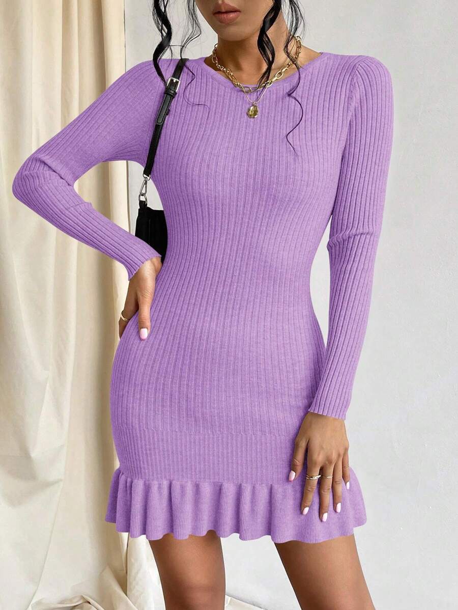 Privé Ruffle Hem Bodycon Sweater Dress, Fall And Winter, Elegant, Longsleeve, Crewneckl