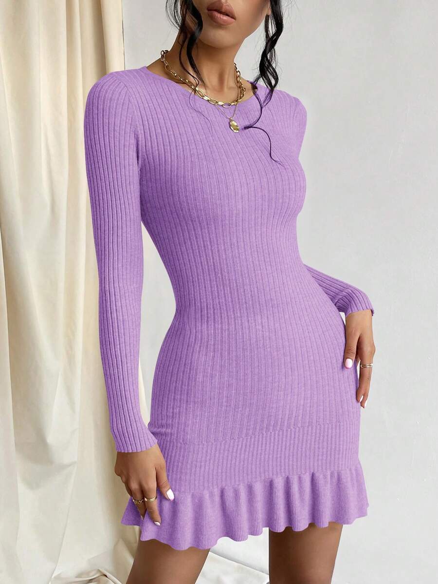 Privé Ruffle Hem Bodycon Sweater Dress, Fall And Winter, Elegant, Longsleeve, Crewneckl