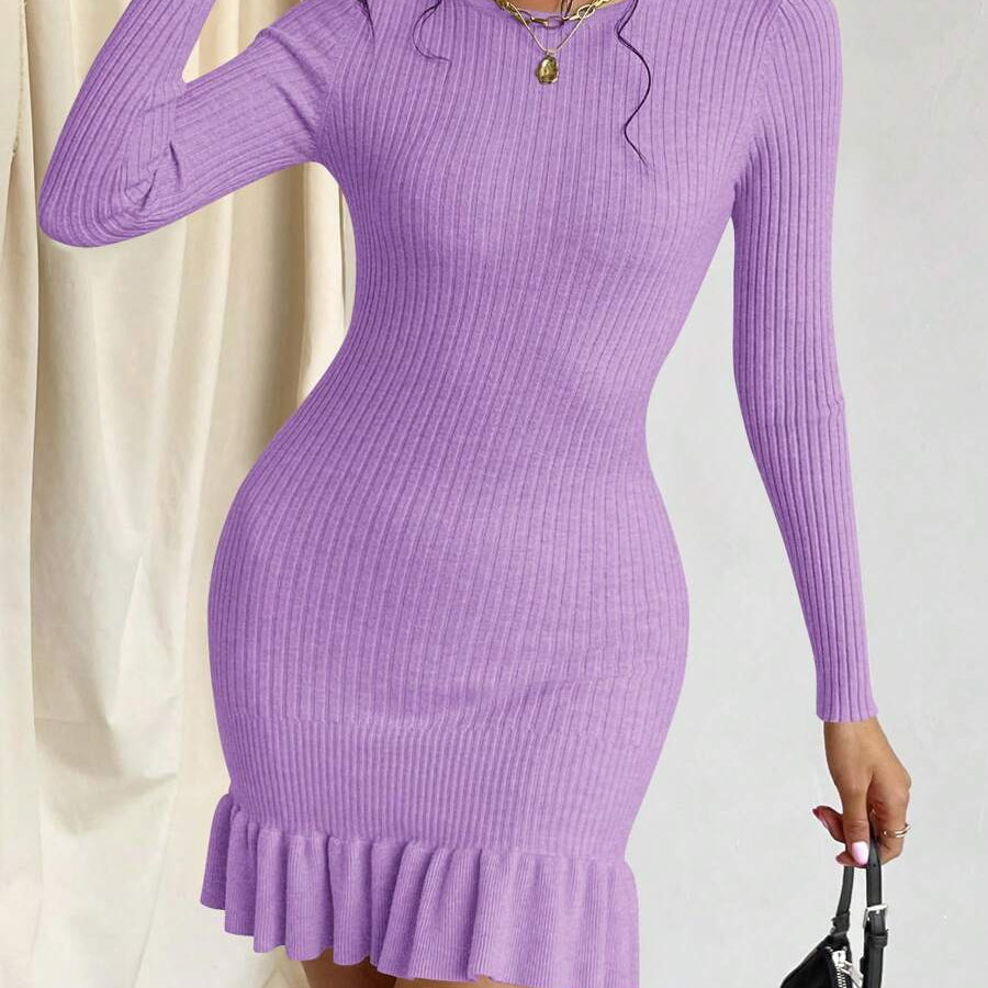 Privé Ruffle Hem Bodycon Sweater Dress, Fall And Winter, Elegant, Longsleeve, Crewneckl