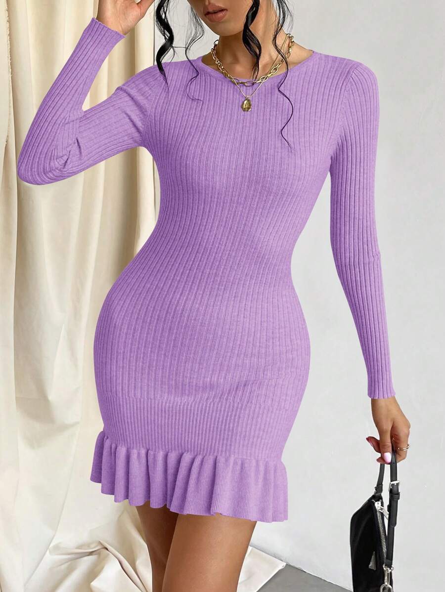 Privé Ruffle Hem Bodycon Sweater Dress, Fall And Winter, Elegant, Longsleeve, Crewneckl