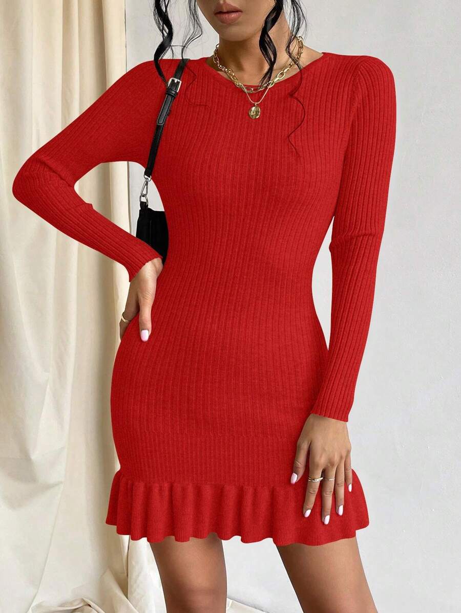 Privé Ruffle Hem Bodycon Sweater Dress, Fall And Winter, Elegant, Longsleeve, Crewneckl