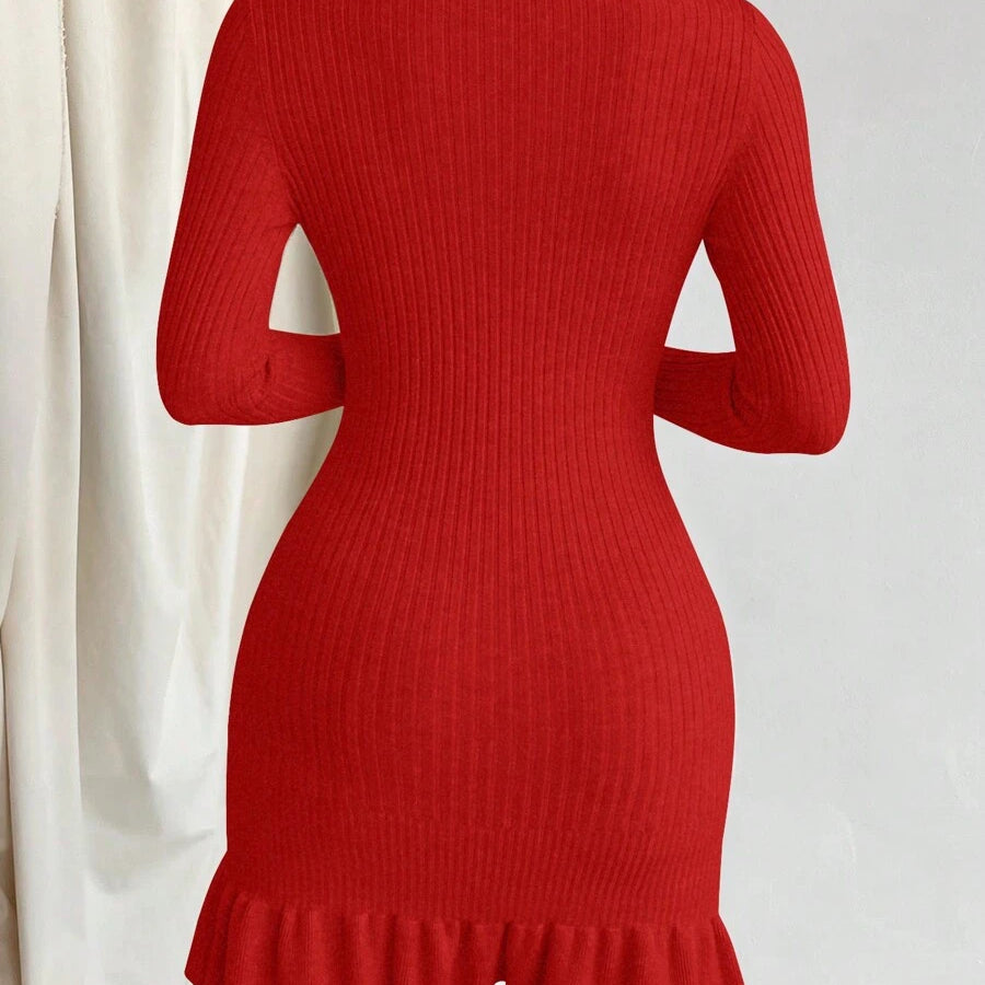 Privé Ruffle Hem Bodycon Sweater Dress, Fall And Winter, Elegant, Longsleeve, Crewneckl