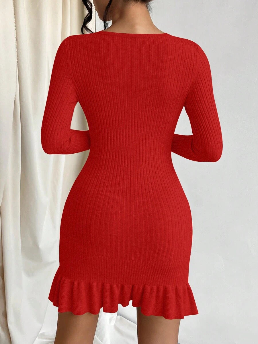 Privé Ruffle Hem Bodycon Sweater Dress, Fall And Winter, Elegant, Longsleeve, Crewneckl