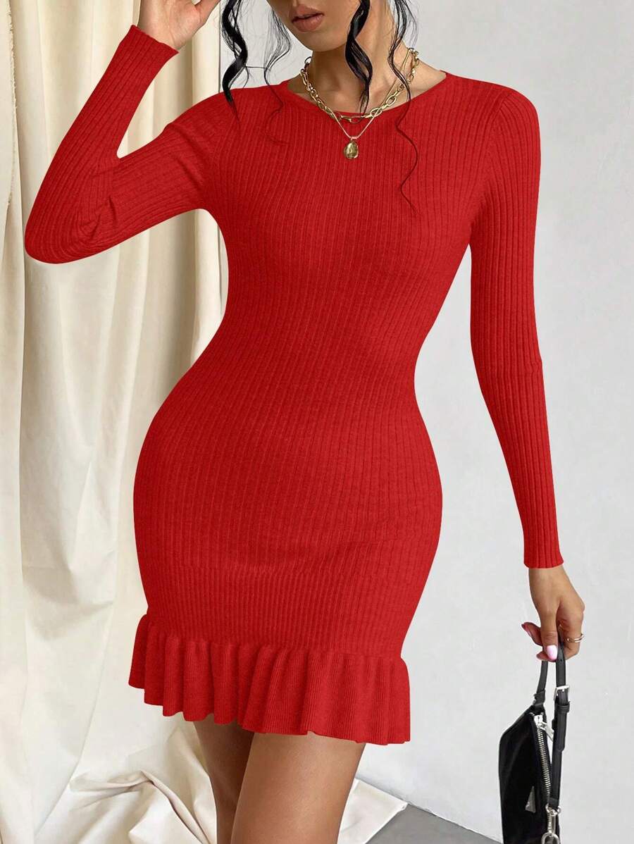 Privé Ruffle Hem Bodycon Sweater Dress, Fall And Winter, Elegant, Longsleeve, Crewneckl