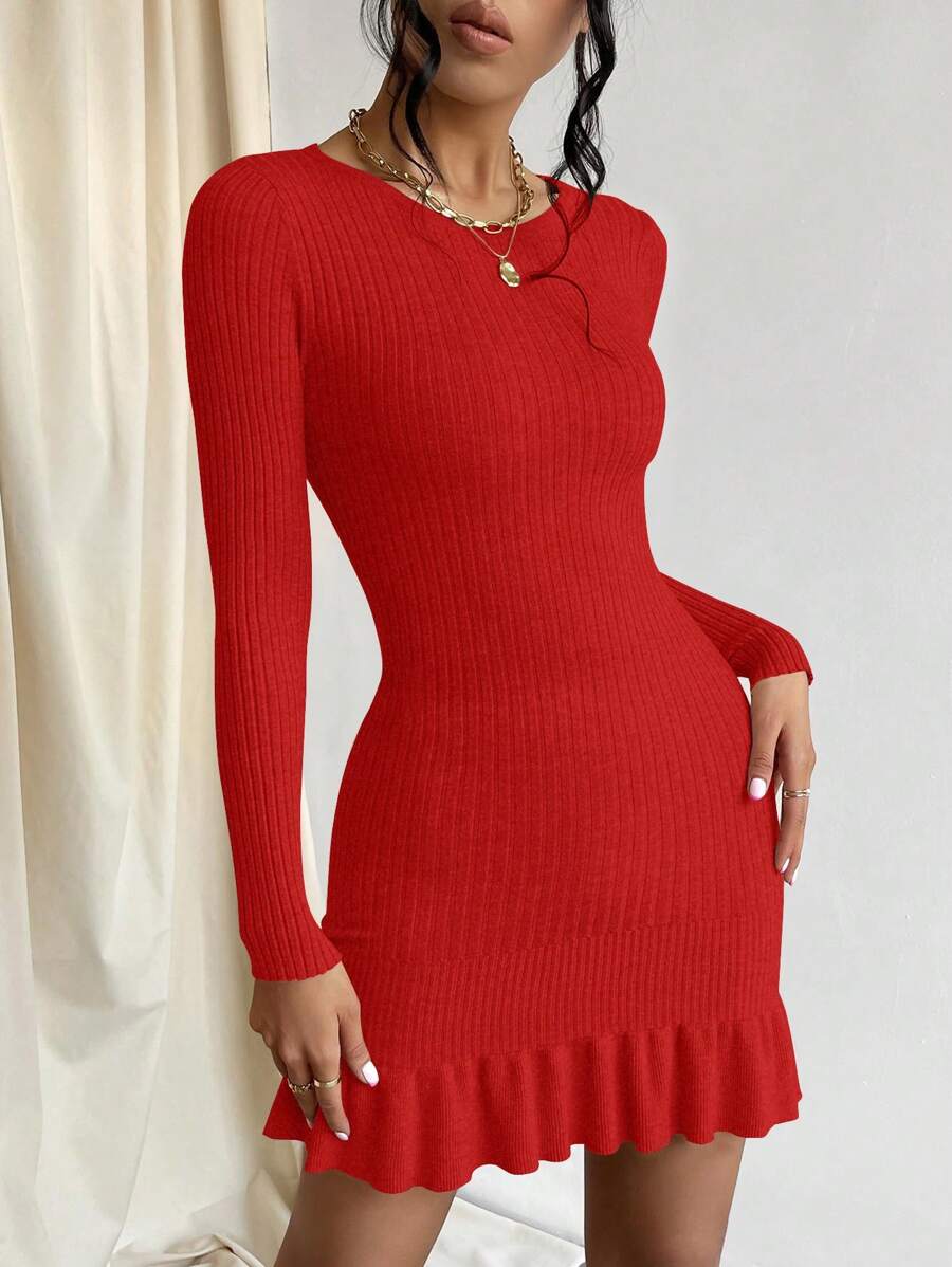 Privé Ruffle Hem Bodycon Sweater Dress, Fall And Winter, Elegant, Longsleeve, Crewneckl