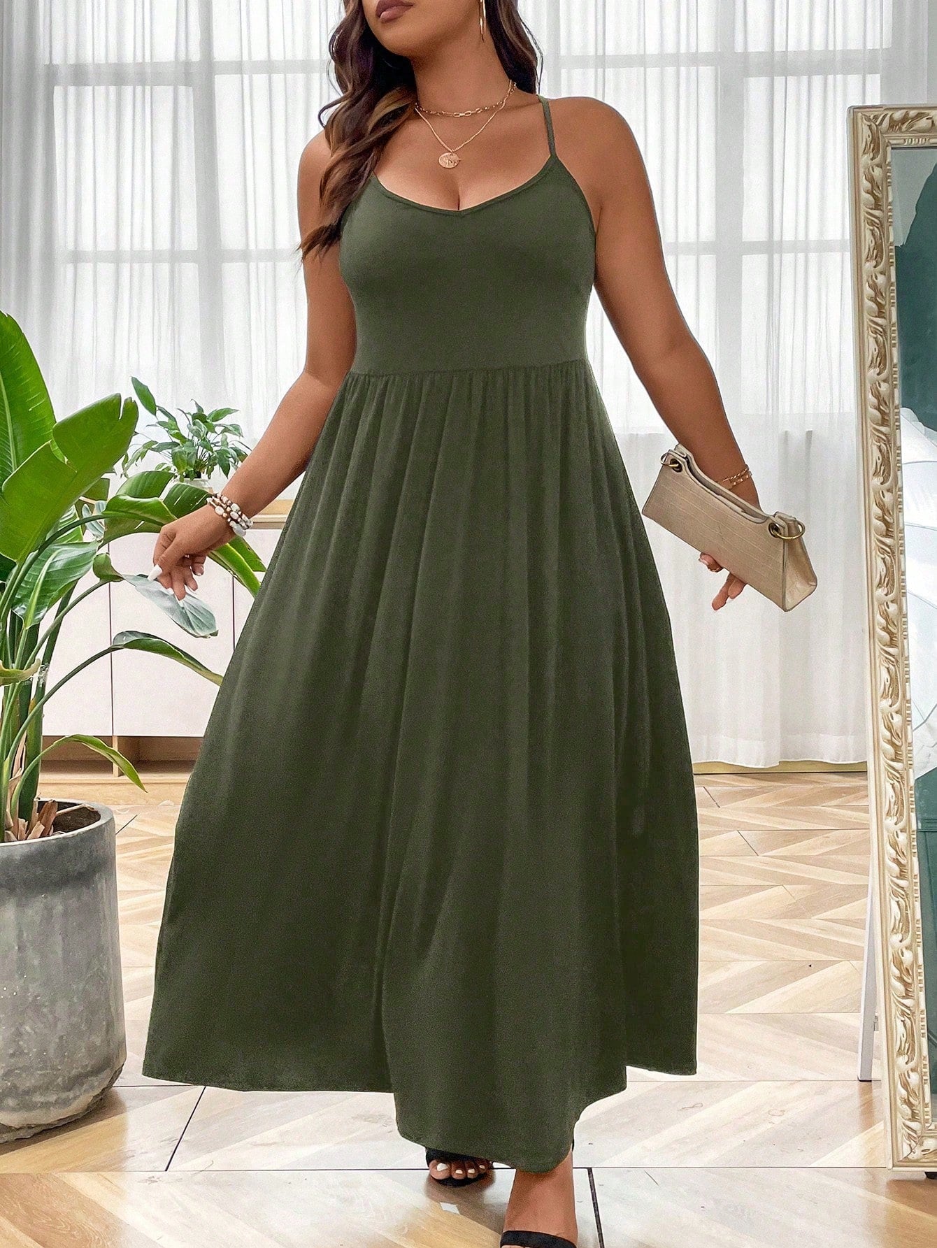 LUNE Plus Solid Cami Dress Maxi Women Outfit