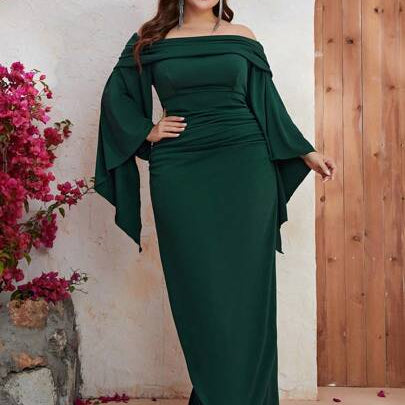 YISIKADO Plus Off Shoulder Ruched Split Sleeve Dress Black Elegant Long Sleeve Formal Evening Prom Wedding Guest Gown, For Graduation, Dinner Party Dress