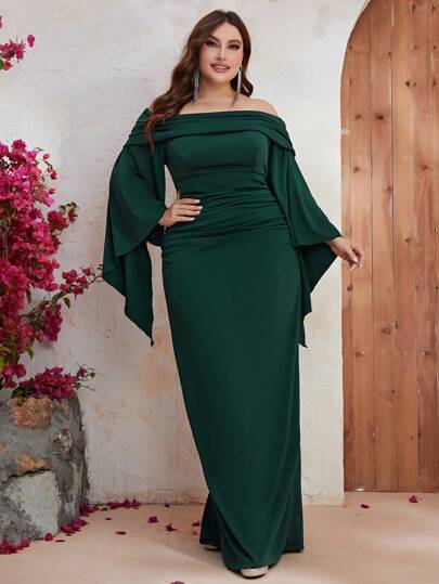 YISIKADO Plus Off Shoulder Ruched Split Sleeve Dress Black Elegant Long Sleeve Formal Evening Prom Wedding Guest Gown, For Graduation, Dinner Party Dress