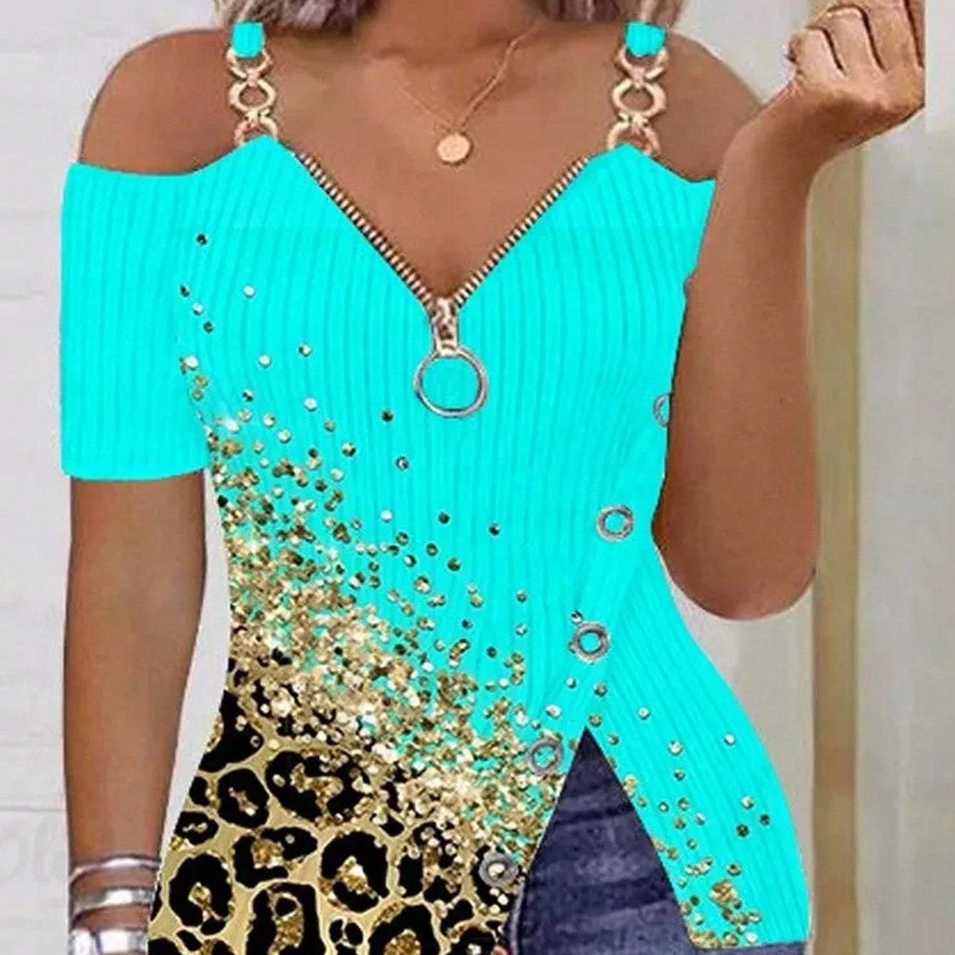 EMERY ROSE Women's Cold Shoulder T-Shirt With Metal Chain Decoration