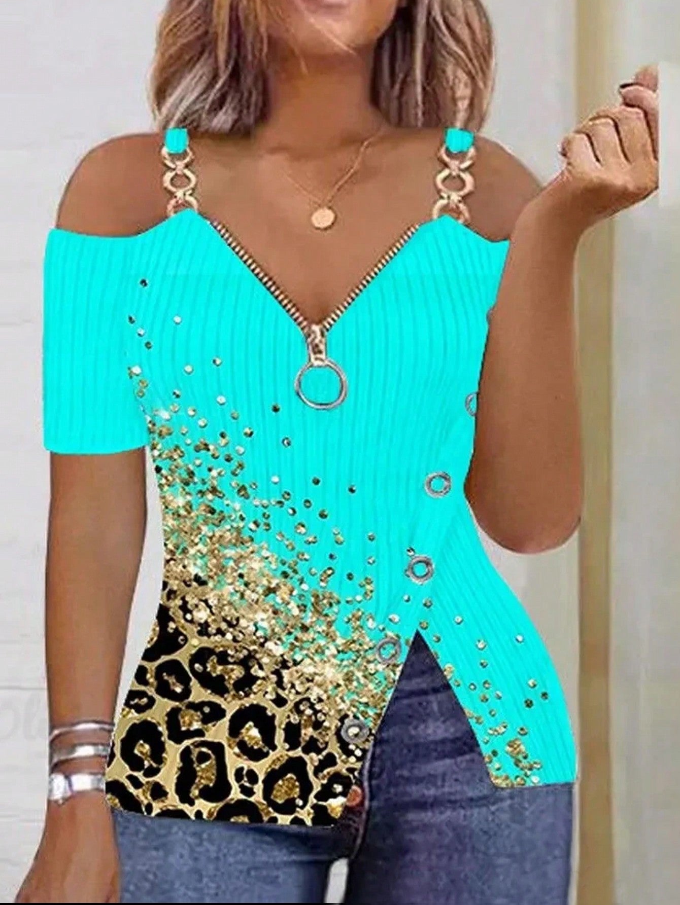 EMERY ROSE Women's Cold Shoulder T-Shirt With Metal Chain Decoration