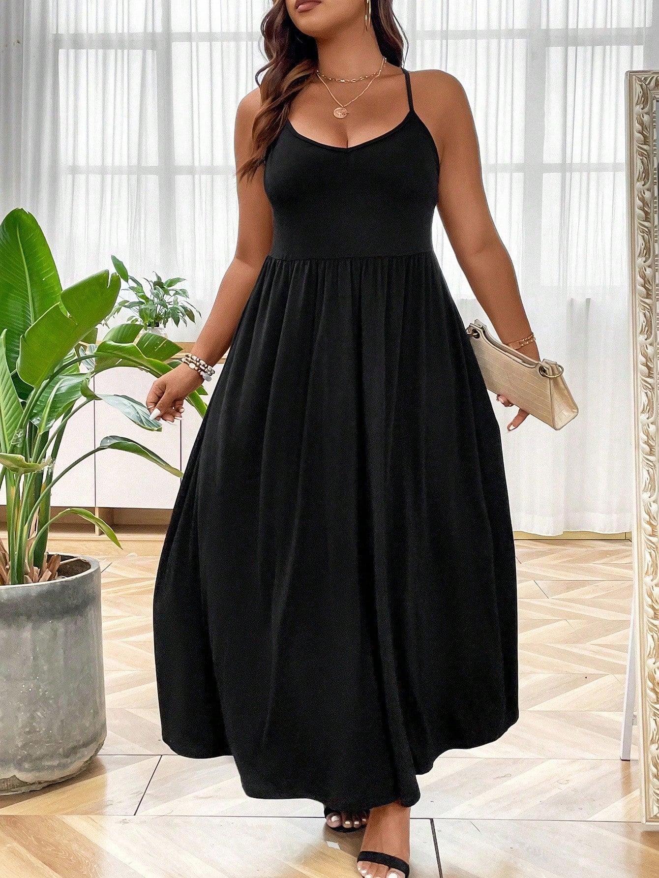 LUNE Plus Solid Cami Dress Maxi Women Outfit