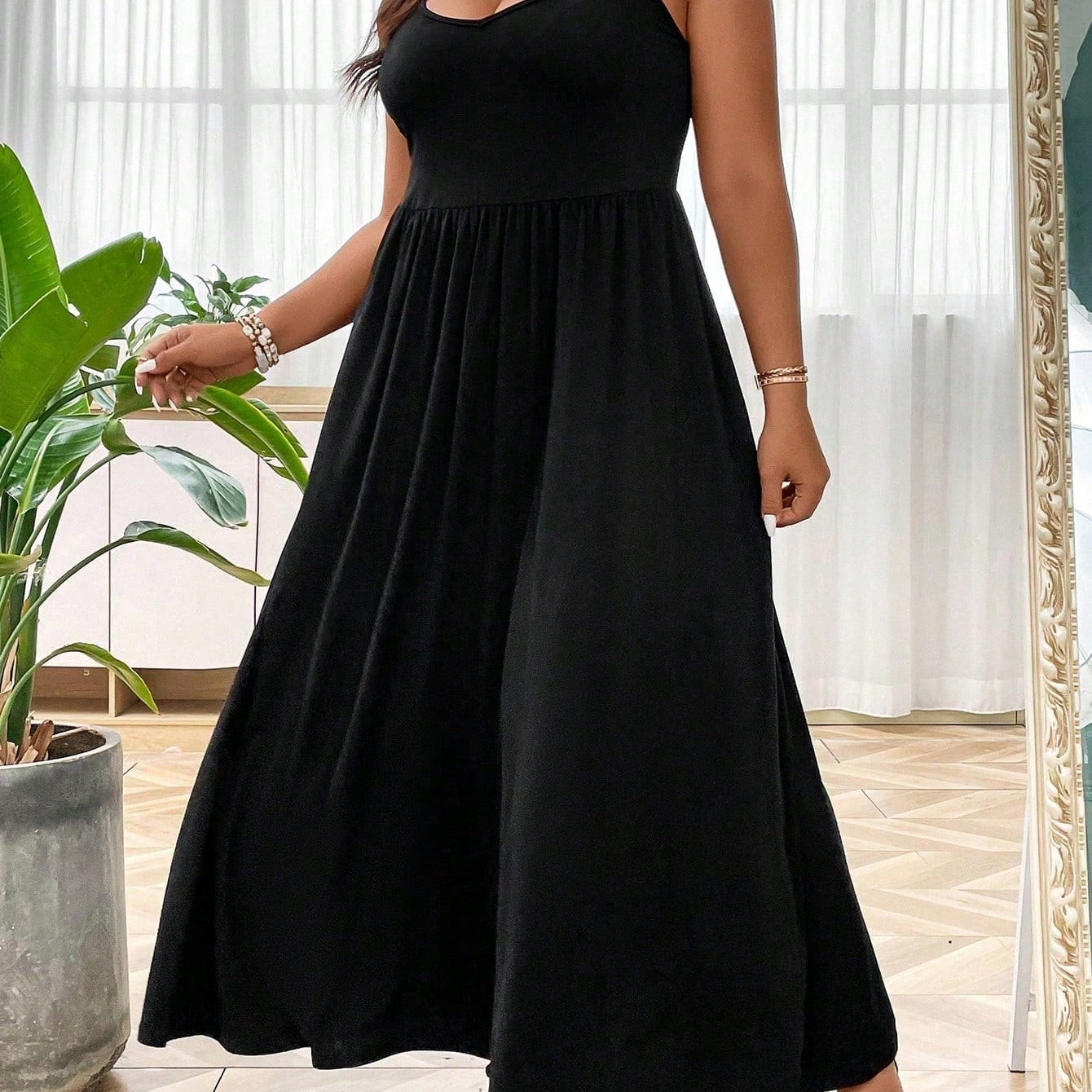 LUNE Plus Solid Cami Dress Maxi Women Outfit