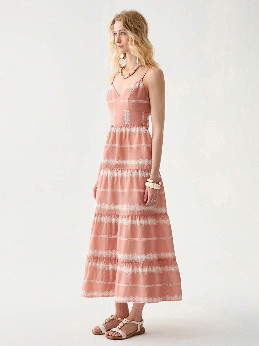 Florisole Bohemian Style Vacation Embroidered Multi-Layer Patchwork Dress For Women