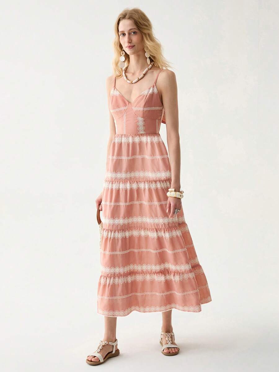 Florisole Bohemian Style Vacation Embroidered Multi-Layer Patchwork Dress For Women