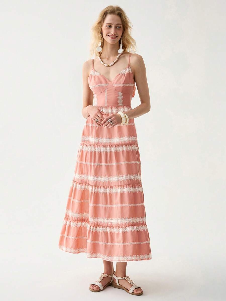 Florisole Bohemian Style Vacation Embroidered Multi-Layer Patchwork Dress For Women