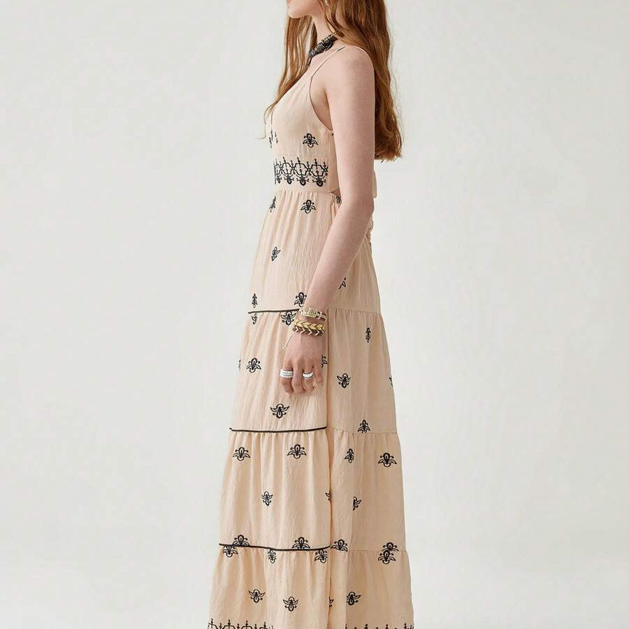 Florisole Bohemian Style Vacation Embroidered Multi-Layer Patchwork Dress For Women