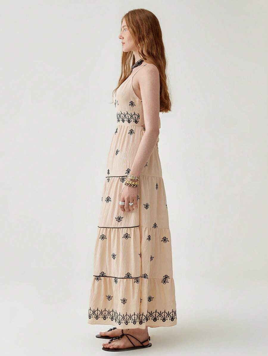 Florisole Bohemian Style Vacation Embroidered Multi-Layer Patchwork Dress For Women