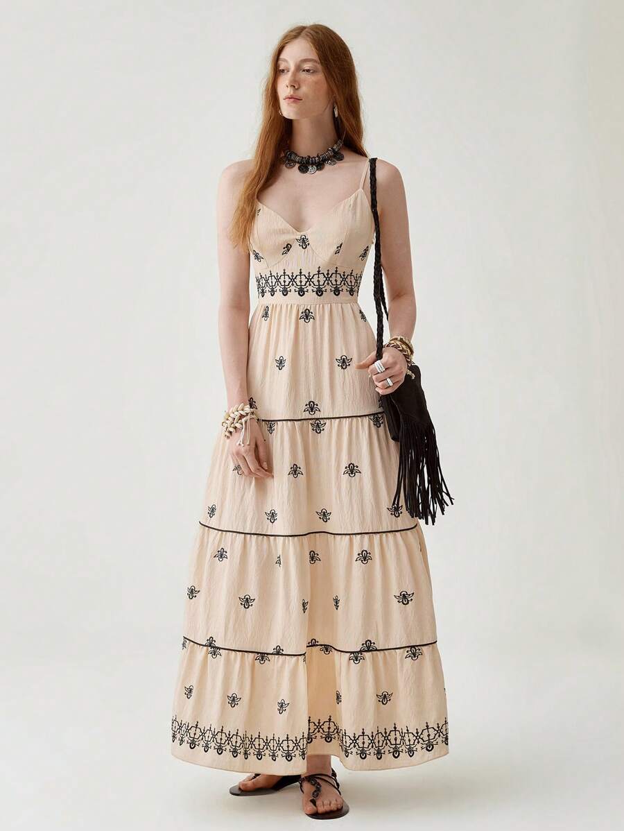 Florisole Bohemian Style Vacation Embroidered Multi-Layer Patchwork Dress For Women