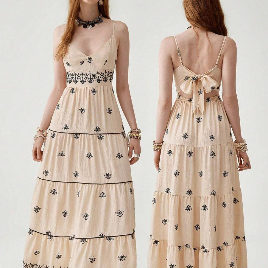 Florisole Bohemian Style Vacation Embroidered Multi-Layer Patchwork Dress For Women