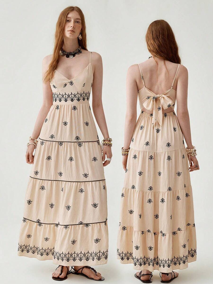 Florisole Bohemian Style Vacation Embroidered Multi-Layer Patchwork Dress For Women