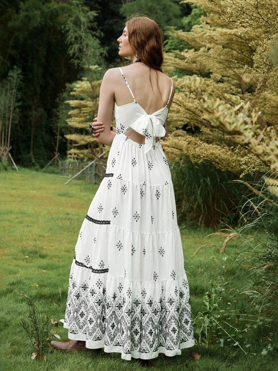 Florisole Bohemian Style Vacation Embroidered Multi-Layer Patchwork Dress For Women